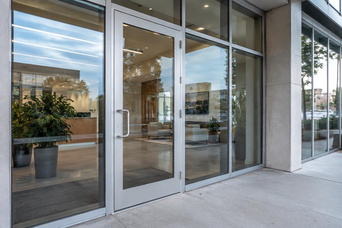 Commercial glass entrance door with aluminum frame, pull handle, and overhead door closer