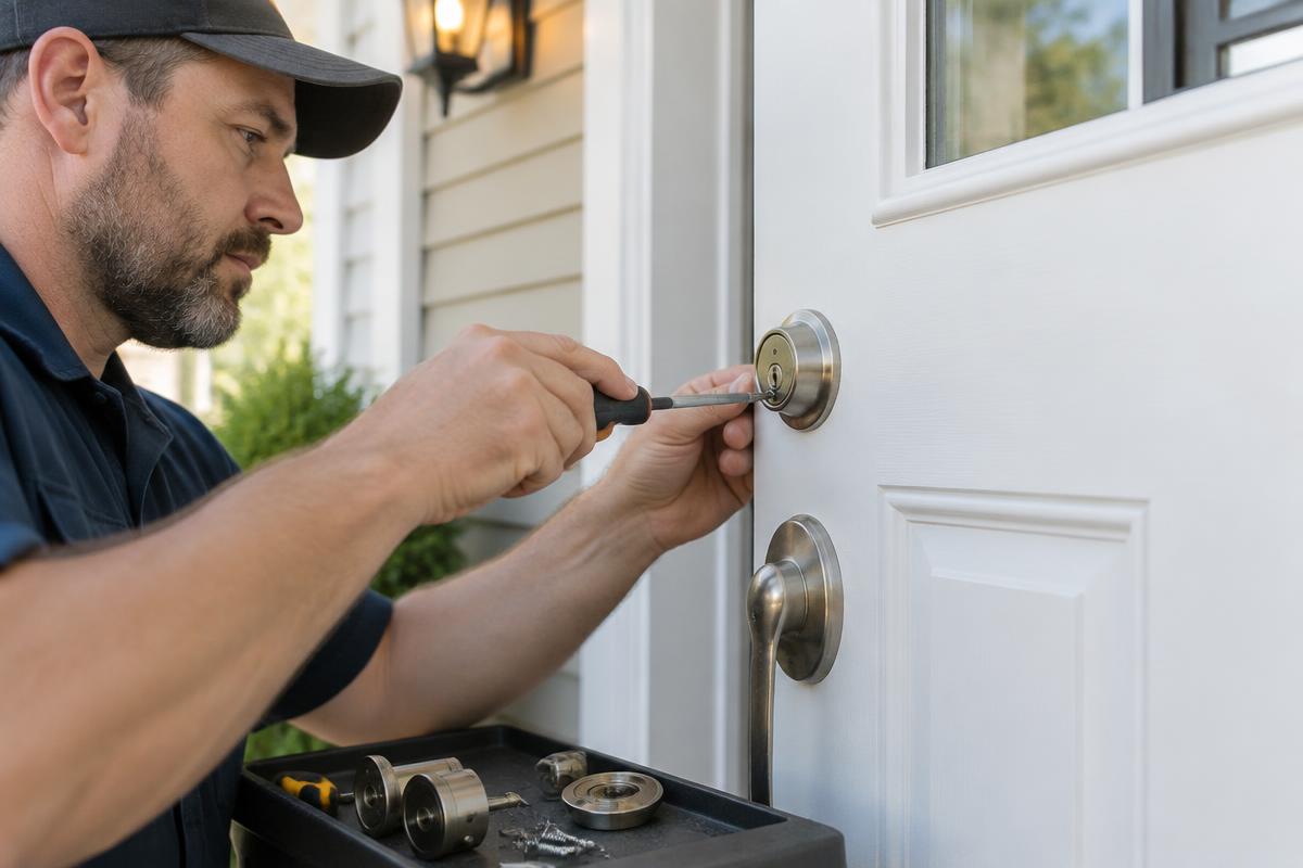 Locksmith installing a brushed-nickel deadbolt lock on a white residential door