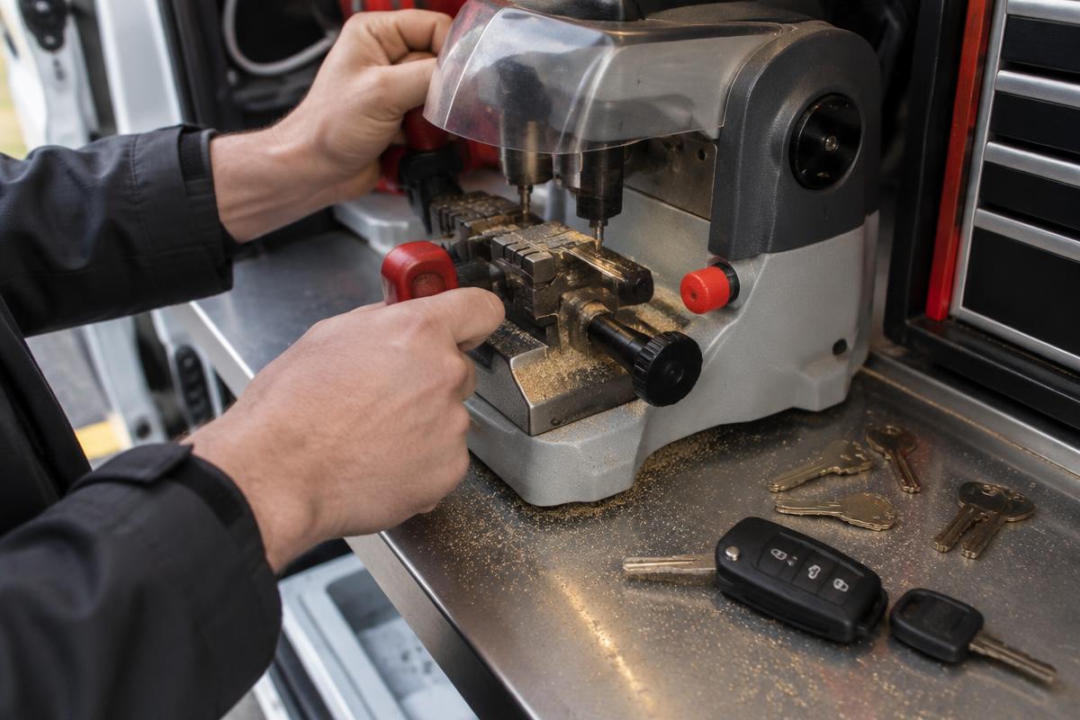 Electric key-cutting machine cutting a car key beside key fobs and locksmith tools on a workbench
